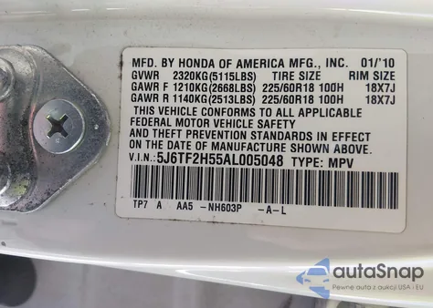 2010 Honda Accord Crosstour Ex-L from USA, damaged, VIN 5J6TF2H55AL005048